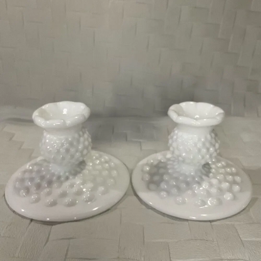 Vintage‎ Fenton Hobnail 2 Piece Candle Holder Set White Milk Glass Romantic Gift